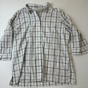 Allison Daley Shirt Womens 10 White Black Beige Plaid Button Down 3/4 Sleeve Top